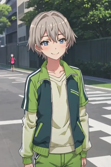 best quality, masterpiece, highres, solo, {totsuka_saika_yahariorenoseishunlovecomewamachigatteiru:1.15}, grey_hair, short_hair, male_focus, blue_eyes, blush, smile, 1girl, ^_^, closed_eyes, jacket, track_jacket