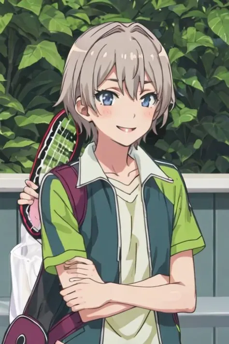 best quality, masterpiece, highres, solo, {totsuka_saika_yahariorenoseishunlovecomewamachigatteiru:1.15}, grey_hair, short_hair, male_focus, blue_eyes, blush, smile