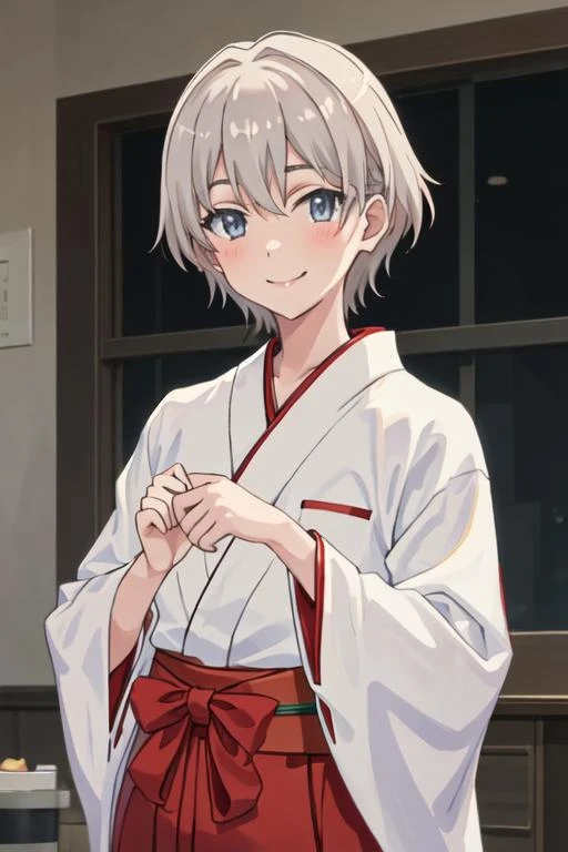best quality, masterpiece, highres, solo, {white kimono:1.35}, {red hakama:1.35}, {wide sleeves:1.20}, {totsuka_saika_yahariorenoseishunlovecomewamachigatteiru:1.15}, grey_hair, short_hair, male_focus, blue_eyes, blush, smile