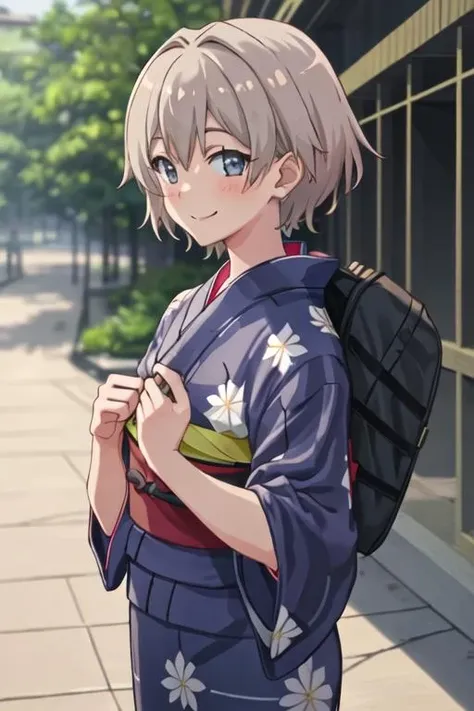 best quality, masterpiece, highres, solo, {yukata:1.40}, {kimono:1.20}, {totsuka_saika_yahariorenoseishunlovecomewamachigatteiru:1.15}, grey_hair, short_hair, male_focus, blue_eyes, blush, smile