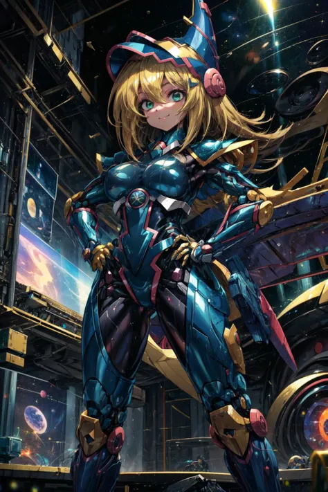 masterpiece,best quality,1girl,(solo),dark magician girl,duel monster,blonde hair,green eyes,long hair,bangs,hair between eyes,hat,blue headwear,wizard hat,large breasts,wide hips,thick thighs,(mecha musume,bodysuit,fortified suit,mechanical parts,robot joints,headgear,full armor),smile,confident,hands on hips,outer space,(science fiction),<lora:LoRA_Magician:0.9>,<lora:Concept-control tool-add_detail-CyberAIchemist:0.3>,<lora:Clothing-Mecha Musume + Gundam + Mecha Slider-Lykon>,