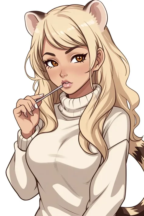 ferret woman, ferret ears, blonde, gyaru, turtleneck sweater, tan,