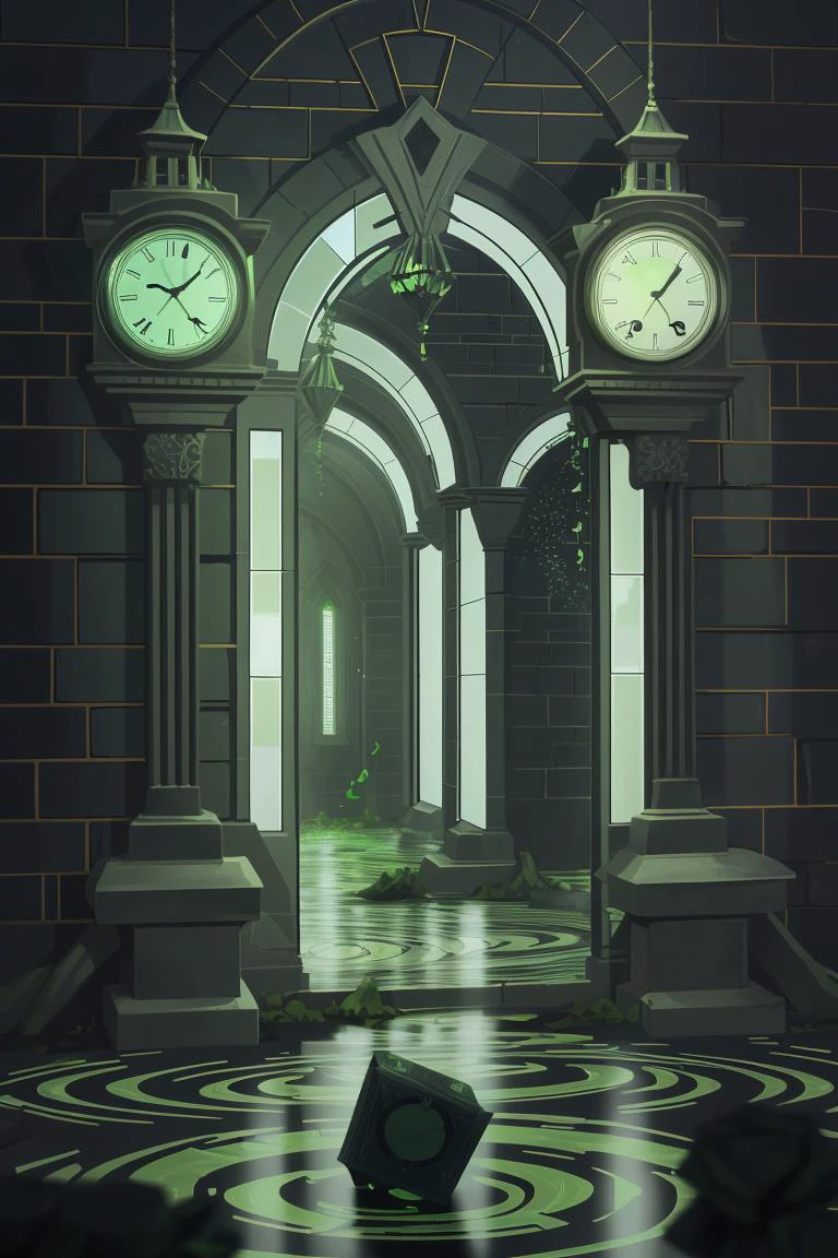 falling from the sky,luminescent algae in a labyrinth with clocks in the sky, rigid brick walls, mirror finish,