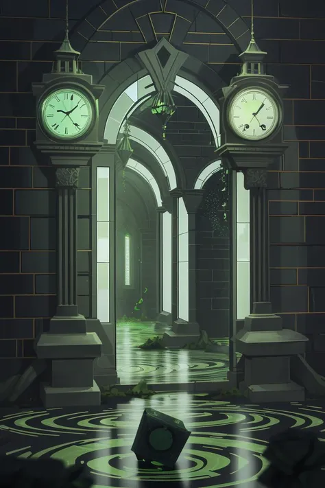 falling from the sky,luminescent algae in a labyrinth with clocks in the sky, rigid brick walls, mirror finish,