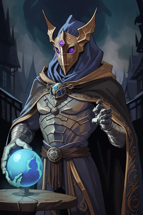 a filigree giant [metal|man|machine|shadow] creature with a blue orb core in chest, cloak, metal mask, dnd style, horror \(theme\),