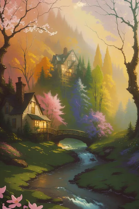a painting of a river running through a forest, a detailed painting, by Thomas Kinkade, fantasy art, colorful house, iphone wallpaper, spring evening, colorful photograph