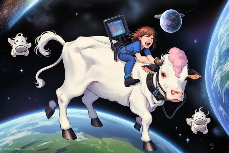 fucking flying cow in the space, laughing cow, meuh, galaxy, <lora:more_details:0.2>