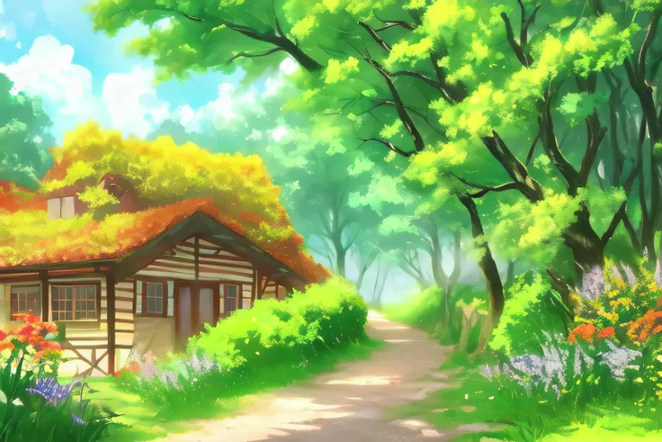 Charming landscape, fantasy, a cozy cottage in the countryside, vibrant rolling hills, beautiful wildflowers, flowers, lush greenery, sunny day, moss on roof, <lora:niji_vn_bg:1>