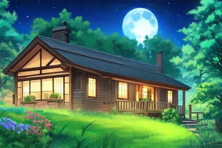 Charming landscape, fantasy, a cozy cottage in the countryside, vibrant rolling hills, beautiful wildflowers, flowers, lush greenery, nighttime, starry sky, moon, moss on roof, <lora:niji_vn_bg:1>