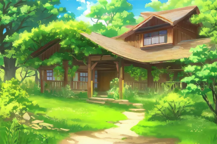 Charming landscape, fantasy, closeup of a trail through the countryside, vibrant rolling hills, beautiful wildflowers, lush greenery, sunny day, bushes, brick house, moss on roof, shrubbery, <lora:niji_vn_bg:1>