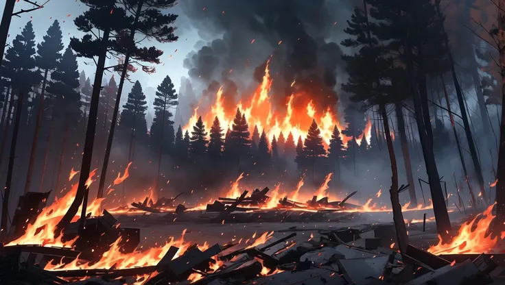 <lora:niji_vn_bg:1>, niji_vn_bg, no humans,
Forest, Hellfire, raging inferno, engulfing the trees, sky dark with smoke, ashes falling like snow::10,heat waves distorting the air, tall flames reaching for the sky, trees being devoured by the fire, animals running for their lives::9, charred remains of trees, smoldering embers, destruction as far as the eye can see::10 feeling of terror and helplessness, a sense of loss and destruction, hopelessness in the air::10 rendered in a realistic style, with high resolution, detailed textures, camera angles focus on the destruction and the scale of the fire, lighting is orange and red to reflect the fire, with smoke and ash in the air. ::8