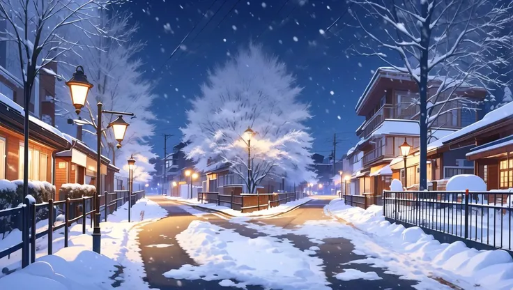 <lora:niji_vn_bg:1>, niji_vn_bg, no humans,
  snow covered street with a tree and fence at night time with a street light in the distance and a snow covered sidewalk