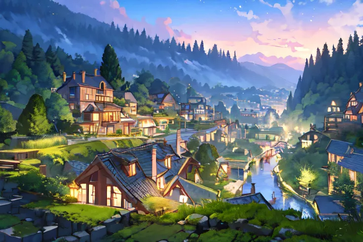 <lora:niji_vn_bg:1> charming landscape, fantasy, town, village, clear, highres, evening, dusk, sparkling lights from house windows, moss-covered roofs, rolling hills in the background, evergreen trees