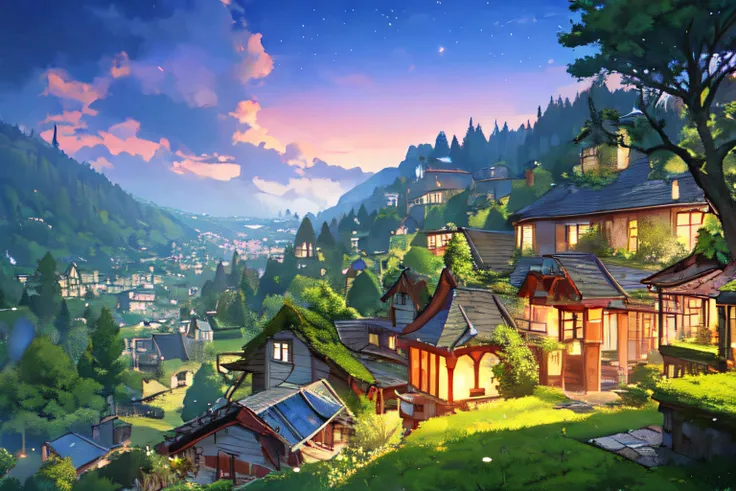 <lora:niji_vn_bg:1> charming landscape, fantasy, town, village, clear, highres, evening, dusk, sparkling lights from house windows, moss-covered roofs, rolling hills in the background, evergreen trees