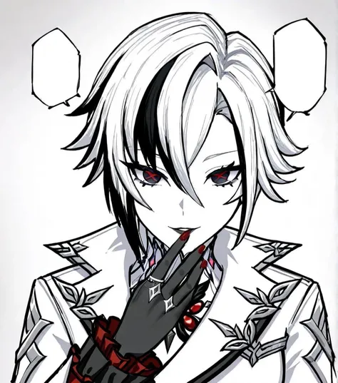 best quality, masterpiece, <lora:arlecchino_xl:1>, parted_lips, x-shaped_pupils, looking_at_viewer, cowboy_shot, red_pupils, white_coat, highres, smile, black_hands, frilled_sleeves, multiple_rings, solo, red_nails, 1girl, arlecchino_\(genshin_impact\), long_sleeves, <lora:xl_NAH,I'DWIN.(a3.1):1>, monochrome, looking at viewer, blank speech bubble, portrait