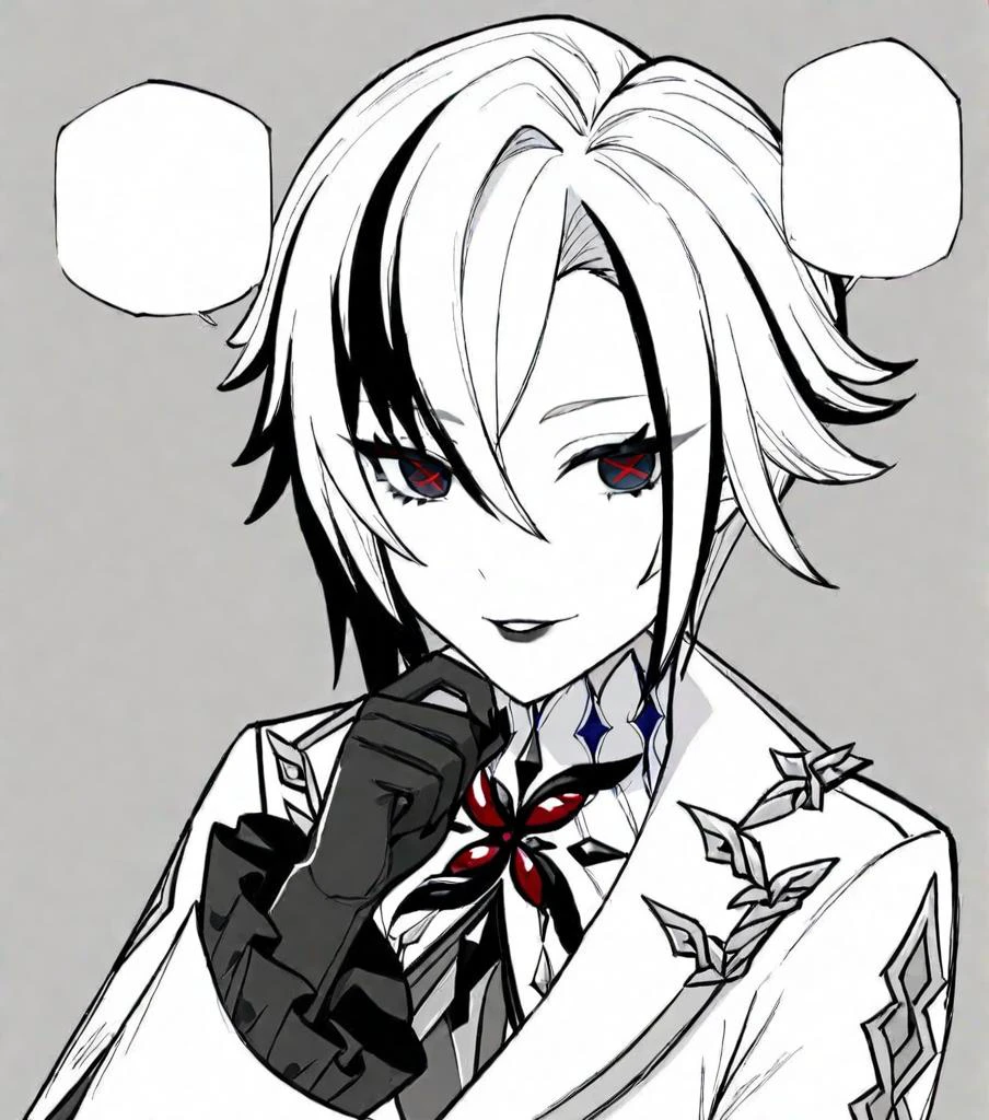 best quality, masterpiece, <lora:arlecchino_xl:1>, parted_lips, x-shaped_pupils, looking_at_viewer, cowboy_shot, red_pupils, white_coat, highres, smile, black_hands, frilled_sleeves, multiple_rings, solo, red_nails, 1girl, arlecchino_\(genshin_impact\), long_sleeves, <lora:xl_NAH,I'DWIN.(a3.1):1>, monochrome, looking at viewer, blank speech bubble, portrait