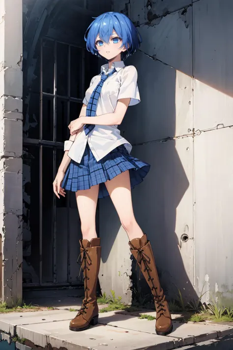 ((masterpiece)), (best quality), official art, extremely detailed CG, unity 8k wallpaper, ultra detailed,
Azuma Tokaku, short hair, blue hair, blue eyes, school uniform, shirt, skirt, plaid skirt, necktie, boots, knee boots, lace-up boots, cross-laced footwear, standing, full body,
<lora:Tokaku&Haru:1>,
