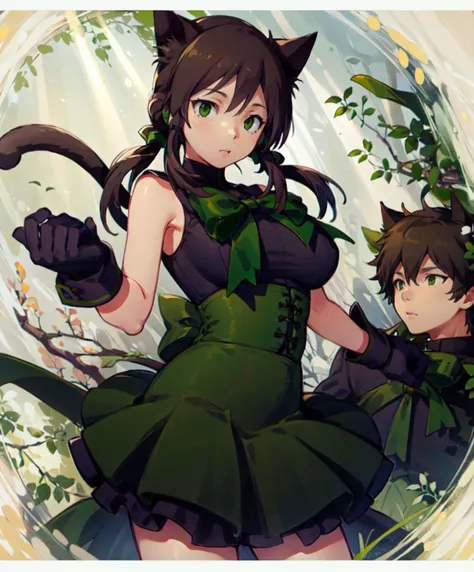 <lora:try-artist-richy-v1:1> huge breasts, <lora:RtPL-Rose:1> rose_(riviera), cat_ears, green_eyes, cat_tail, black_hair, green_bow, gloves, green ribbon, black_dress, sleeveless,, ultra detailed, masterpiece, best quality, aesthetic, detailed,