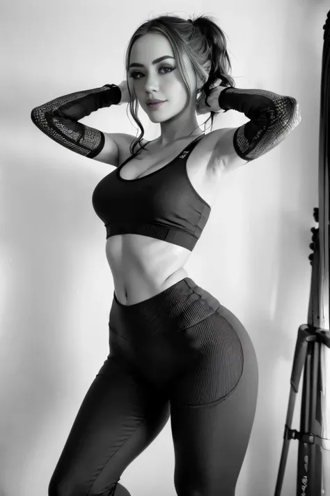 full body shot of (woman Standing with arms raised and wearing a sports bra and leggings small smiling), (detailed realistic face), (((hyperdetailed))), zoomed out, symmetrical face, detailed pupil, expressive eyes, Casey Baugh, Michael Garmash, Sophie Anderson, hasui kawase, makeup, real photography, modern look, Real photography (Realistic:1.5) <lora:AngelMelly_v1.0:0.8>