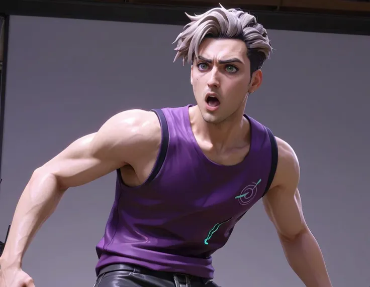 ((anime screenshot)), an (shocked) (jojo pose) average 25yo American unathletic boy, short hair, dynamic angle, workshop,, cyberpunk, (broad shoulders:0.6),