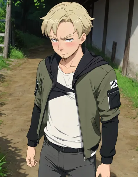 ((anime screenshot)), an (sad) (arched back) average 35yo European unathletic man, short hair, dynamic angle, farm, t-shirt, pants, jacket , (broad shoulders:0.6),