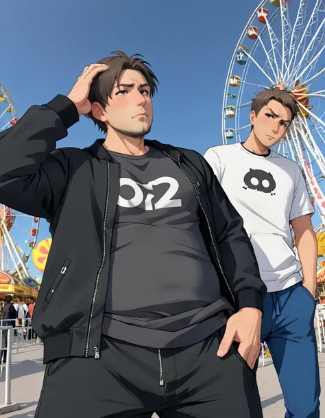 ((anime screenshot)), an (depressed) (leaning back) average 30yo Greek (plump round belly:0.7) boy, short hair, dynamic angle, ferris wheel,, t-shirt, pants, jacket , (broad shoulders:0.6),