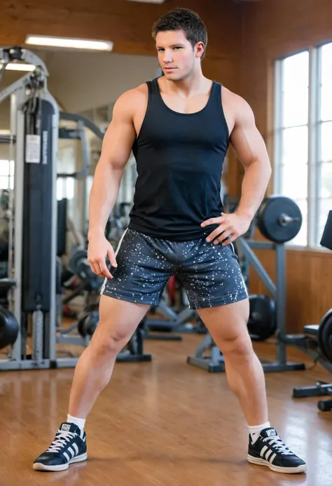 side view, full body photo of dustin_zito <lora:dustin_zito_xl-05:0.8>, wearing a tight-fitting tank topand gym shorts and sneakers posing in a gym, a confident stance, 35mm photograph, film, bokeh, professional, 4k, highly detailed