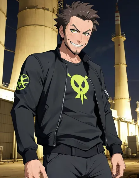 ((anime screenshot)), an (grinning) (villain pose) average 30yo Greek unathletic man, short hair, dynamic angle, nuclear powerplant,, t-shirt, pants, jacket , (broad shoulders:0.6),