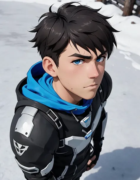 ((anime screenshot)), an (vengeful) (faceplant) average 18yo Greek unathletic boy, short hair, dynamic angle, arctic alpine tundra[::3], cyberpunk, (broad shoulders:0.6),