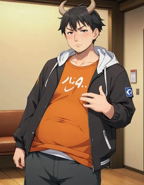 ((anime screenshot)), an (sad) (horns pose) average 20yo American plump round belly:0.7 man, short hair, dynamic angle, hut,, t-shirt, pants, jacket , (broad shoulders:0.6),