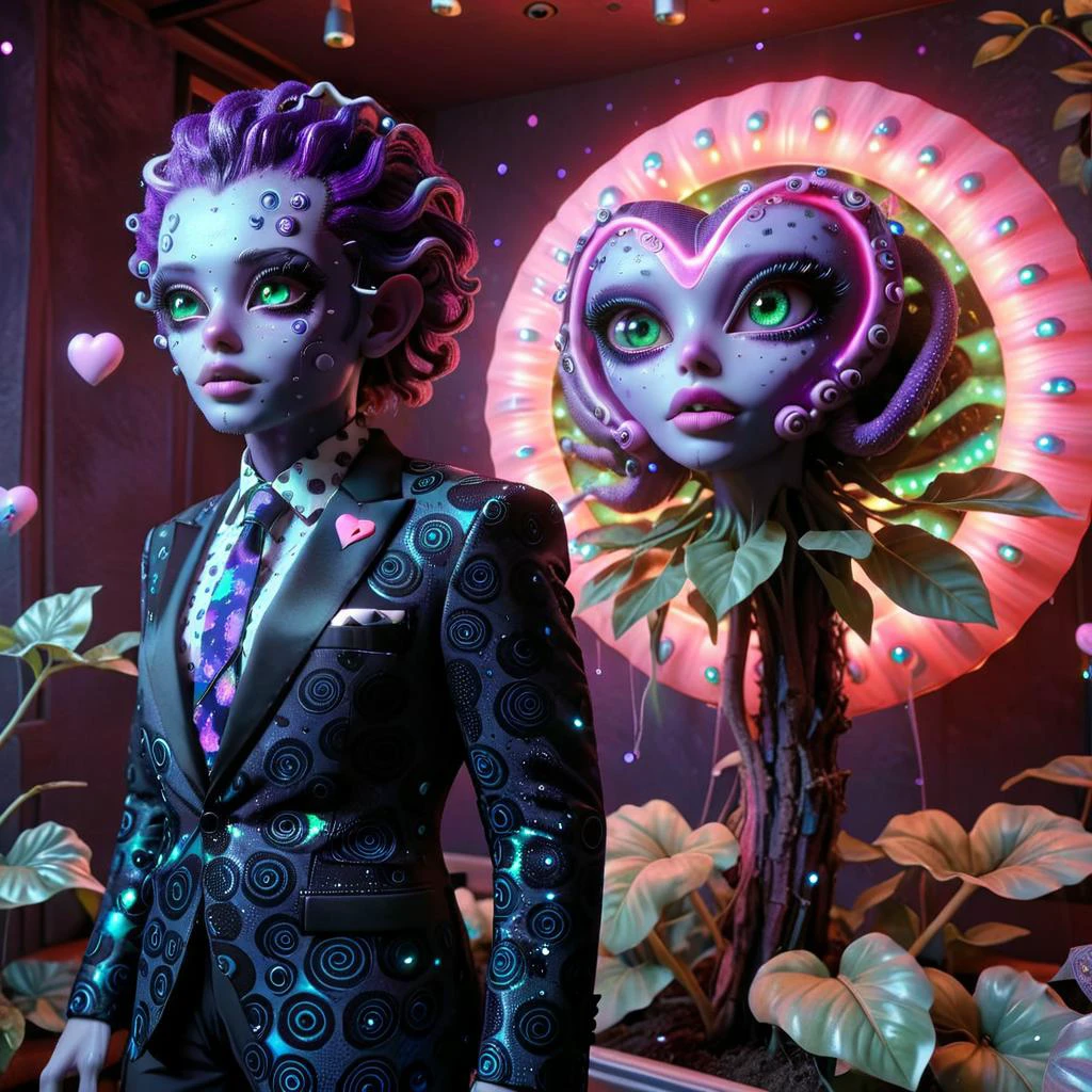 (RAW photo:1.2), (photorealistic:1.4),(masterpiece:1.4),(best quality:1.4) nebula, galaxies, stars, cinema4D, smooth, shiny, dynamic pose portrait, a psychedelic cyclops creature with one big eye wearing a rainbow fancy tuxedo with sacred geometry, full body shot dynamic pose, purple and green eyes, rainbows, background is a tie dye design, intertwining, a burning realistic pink and blue sun, realistic flames, burning, cyborg, black and white fractal spirals, tiny details, plants, octopus tentacles, honeycomb pattern, sacred geometry on skin, flower of life, psychedelic, visionary art, extremely detailed, hyperealistic, crisp, 8K upscaled to max, dark, horror, sunflowers, masterpiece, polkadots, cinematic:1.4)), hyper realistic detail, perfect eyes, ((fullbody :1.5)), ((heart shaped lights :1.5)), stunningly pretty, maxim, 128k, cinematic quality cinematic lighting, 1080p, sharpen, hyperrealism, lEICA SL2 50mm F 1.4 kit, mirrorless lens (( psychedelic lsd trip background :1.4)), ((bright coloured fractals :1.5)) ((Larry Carlson :1.3)), , cinematic quality, cinematic lighting, voodoo, sinister,128k, hyper realistic, pastel colour palette,((mark ryden 1.3)) <lora:Larry Carlson Style:0.8> Larry Carlson Style page <lora:Polaroid_Film:0.8> polaroid film photography, soft focus <lora:bigeyes-v2_16x8-4x1:0.1> big eyes, anime eyescinematic quality, cinematic lighting, voodoo, sinister,128k, hyper realistic, pastel colour palette,(mark ryden 1.3) <lora:bigeyes-xl-v1:0.2> big eyes, anime eyes <lora:Dark_Futuristic_Circuit_Boards:0.8> circuitboard, dark futuristic <lora:Larry Carlson Style:0.8> Larry Carlson Style page, <lora:aiCREAT0RXLARTISTIC_v40BOLDER:1> <lora:DalleAlien:0.8>