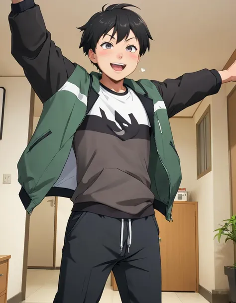 ((anime screenshot)), an (delighted) (chest stand) average 35yo Black (plump round belly:0.7) boy, short hair, dynamic angle, plain, t-shirt, pants, jacket , (broad shoulders:0.6),