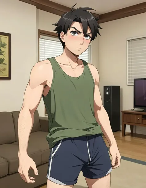 ((anime screenshot)), an (annoyed) (villain pose) average 18yo Greek unathletic boy, short hair, dynamic angle, living room,, shorts , (broad shoulders:0.6),