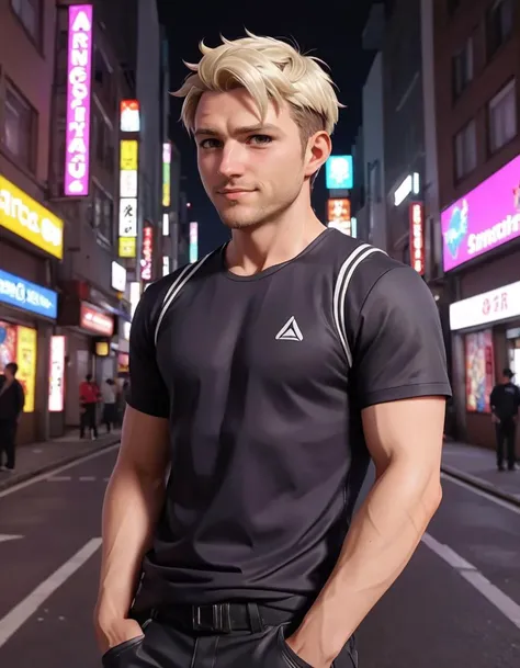 ((anime screenshot)), an (happy) (archer pose) average 30yo American unathletic boy, short hair, dynamic angle, canal, cyberpunk, (broad shoulders:0.6),