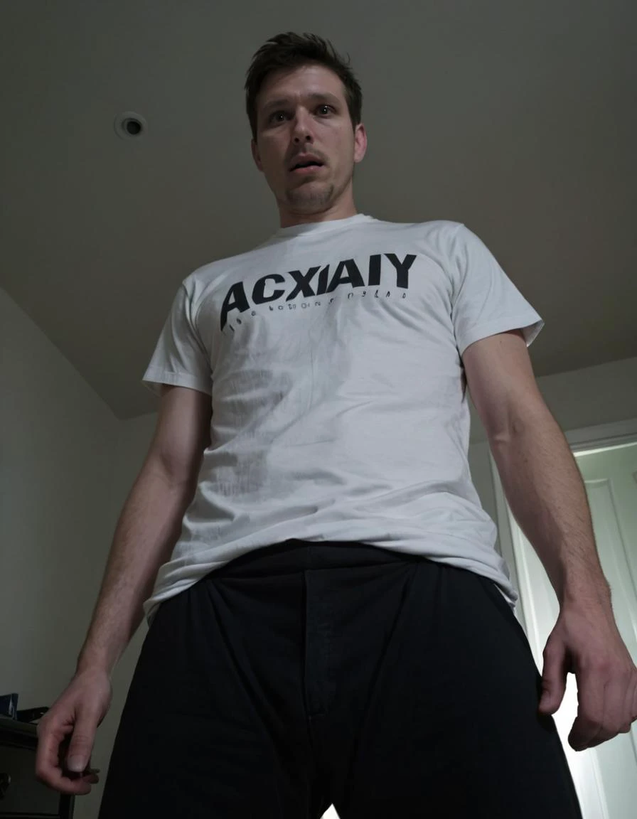 A candid photograph of, a white 35yo average man, dark bedroom, terrified,, t-shirt pants from below