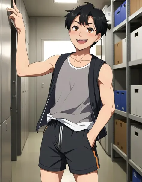 ((anime screenshot)), an (beaming) (dojikko pose) average 25yo Black unathletic boy, short hair, dynamic angle, storage room,, shorts , (broad shoulders:0.6),