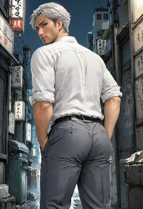 japanese businessman in his 40s is in a tokyo alley with his huge butt in slacks being the focus, dark shot, 35mm, character concept art, beautiful, pinstripe grey slacks and white shirt and suspenders, (manga, anime art), moody, by Hirohiko Araki, cinematic, anime key art style <lora:XLAniz:1>