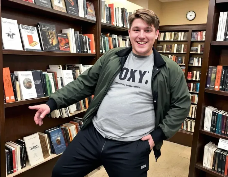 candid photo, an (delighted) (contrapposto) average 18yo American (plump round belly:0.7) man, short hair, dynamic angle, bookstore,, t-shirt, pants, jacket , (broad shoulders:0.6),