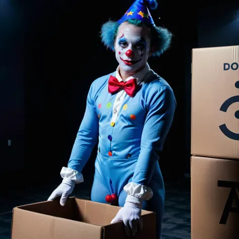 <lora:add-detail-xl:1.5> NSFW, a clown in the box standing in front of a box, in the style of haunting figuratives, animated exuberance, jay anacleto, the blue rider, carnivalcore, toyen, suspended/hanging, fullbody, perfect eyes, perfect features, perfect hands, perfect body, 128k, 1080p, cinematic quality, cinematic lighting, voodoo, sinister, diabolical, testp, stunningly beautiful, maxim, hyper realistic details, lEICA SL2 50mm F 1.4 kit,mirrorless lens RAW photo, best quality, masterpiece:1.3),(realistic, photo-realistic:1.37),realistic skin texture,(photorealistic:1.3),(hyperrealistic:1.2), 1 cute girl, solo,( beautiful indigo eyes:1.2),perfect face <lora:bigeyes-xl-v1:1.2> <lora:Clown_Boy:0.8> clown_boy
