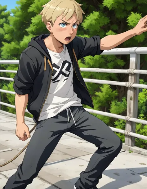 ((anime screenshot)), an (shocked) (fighting stance) average 30yo Greek unathletic boy, short hair, dynamic angle, rope bridge, t-shirt, pants, jacket , (broad shoulders:0.6),