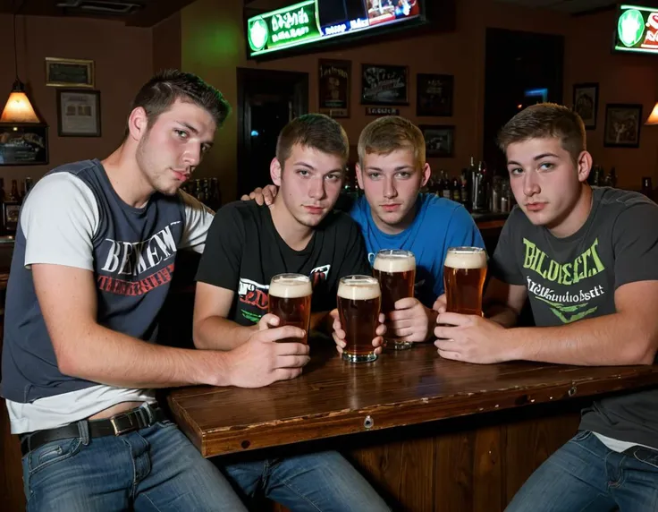 Three young redneck men drinking beer in a bar, dim lighting, sitting at a bar, counter,