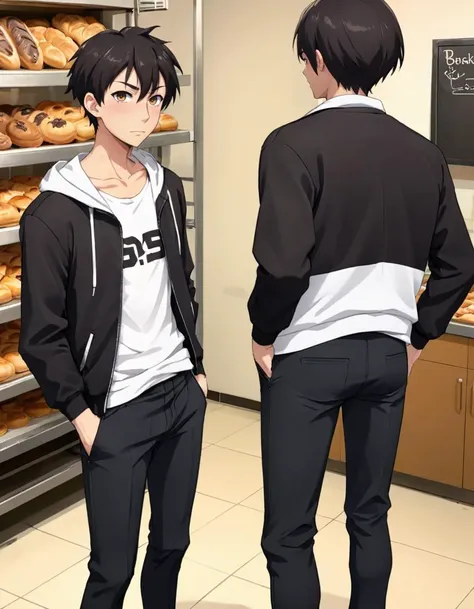 ((anime screenshot)), an (secretive) (top-down bottom-up) average 25yo Mexican slender Twink man, short hair, dynamic angle, bakery,, t-shirt, pants, jacket , (broad shoulders:0.6),