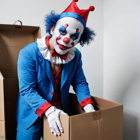 <lora:add-detail-xl:1.5> NSFW, a clown in the box standing in front of a box, in the style of haunting figuratives, animated exuberance, jay anacleto, the blue rider, carnivalcore, toyen, suspended/hanging, fullbody, perfect eyes, perfect features, perfect hands, perfect body, 128k, 1080p, cinematic quality, cinematic lighting, voodoo, sinister, diabolical, testp, stunningly beautiful, maxim, hyper realistic details, lEICA SL2 50mm F 1.4 kit,mirrorless lens RAW photo, best quality, masterpiece:1.3),(realistic, photo-realistic:1.37),realistic skin texture,(photorealistic:1.3),(hyperrealistic:1.2), 1 cute girl, solo,( beautiful indigo eyes:1.2),perfect face <lora:bigeyes-xl-v1:1.2> <lora:Clown_Boy:0.8> clown_boy