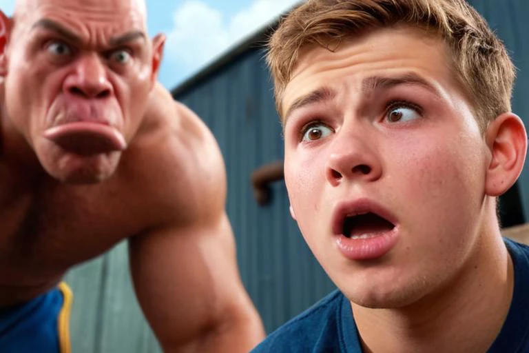 masterpiece, best quality, 24yo boy, detailed, realistic background, intricate details, expressive, extreme fear, bully, concerned facial expression, low angle,