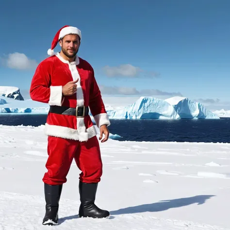 concept art full body photo of a n1ck a man, wearing a santa outfit, at antarctica, <lora:nicksjug:.8> . digital artwork, illustrative, painterly, matte painting, highly detailed