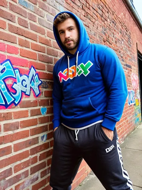 Raw photo, looking at viewer, A (dg_DougXLman <lora:dg_DougXL:0.85>, excessively hairy body), wearing a hoodie, pants, leaning against a brick wall, looking to the side, colorful graffiti, text says "GAY",