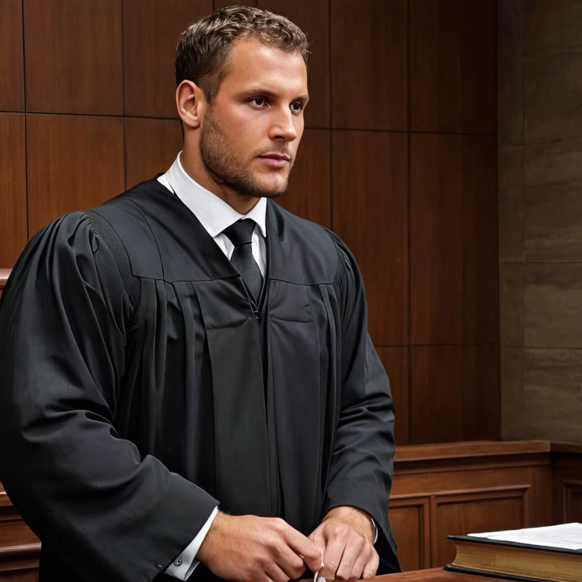 Hyperrealistic art half body photo of a n1ck a man, as a lawyer, at court, solo, <lora:nicksjug:.8> . Extremely high-resolution details, photographic, realism pushed to extreme, fine texture, incredibly lifelike