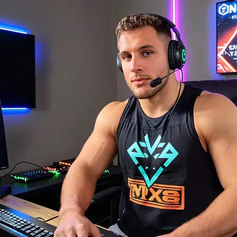 Hyperrealistic art half body photo of a n1ck a man, witch streamer playing video games on his pc, ear phones, cut-off tank tops, streamer bedroom, ((neon lights)), realistic, highly detailed, realistic eyes, intricate details, detailed background, depth of field, looking at camera,  solo shot, <lora:nicksjug:.8> . Extremely high-resolution details, photographic, realism pushed to extreme, fine texture, incredibly lifelike