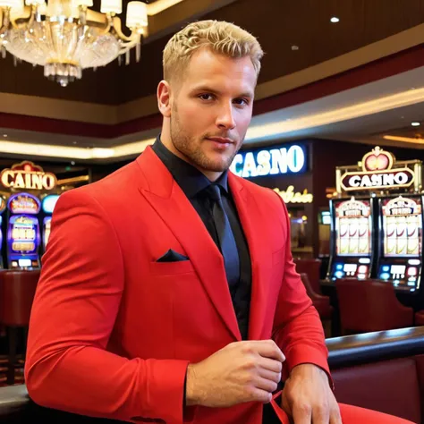 concept art half body photo of a n1ck a man, wearing a sophisticated red outfit, at a casino, blonde hair, looking at viewer, <lora:nicksjug:.8> . digital artwork, illustrative, painterly, matte painting, highly detailed