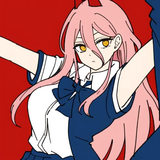 long hair, pink hair, school uniform, white shirt, short skit, power, posing, red background, small breast
<lora:chainsawmanED4style:0.7>